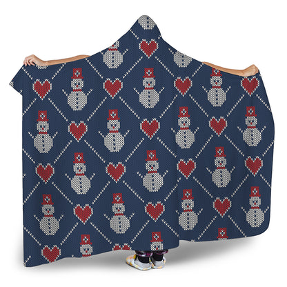 Cute Snowman Knitted Pattern Print Hooded Blanket