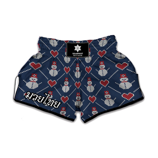 Cute Snowman Knitted Pattern Print Muay Thai Boxing Shorts