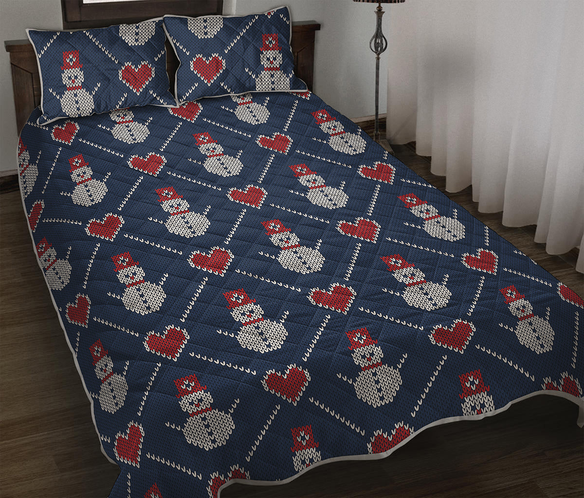Cute Snowman Knitted Pattern Print Quilt Bed Set
