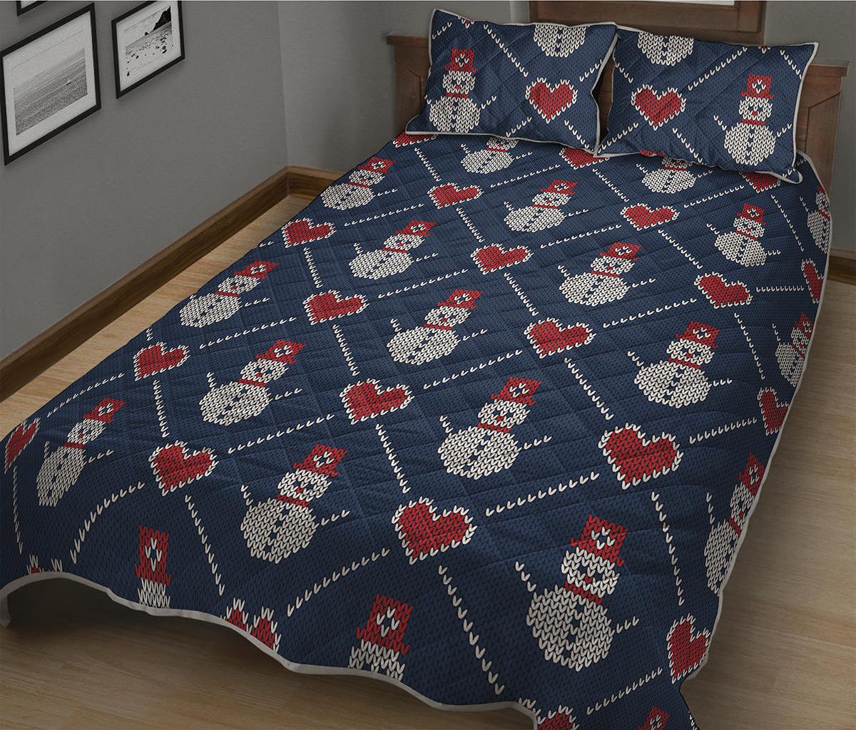 Cute Snowman Knitted Pattern Print Quilt Bed Set