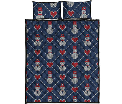 Cute Snowman Knitted Pattern Print Quilt Bed Set