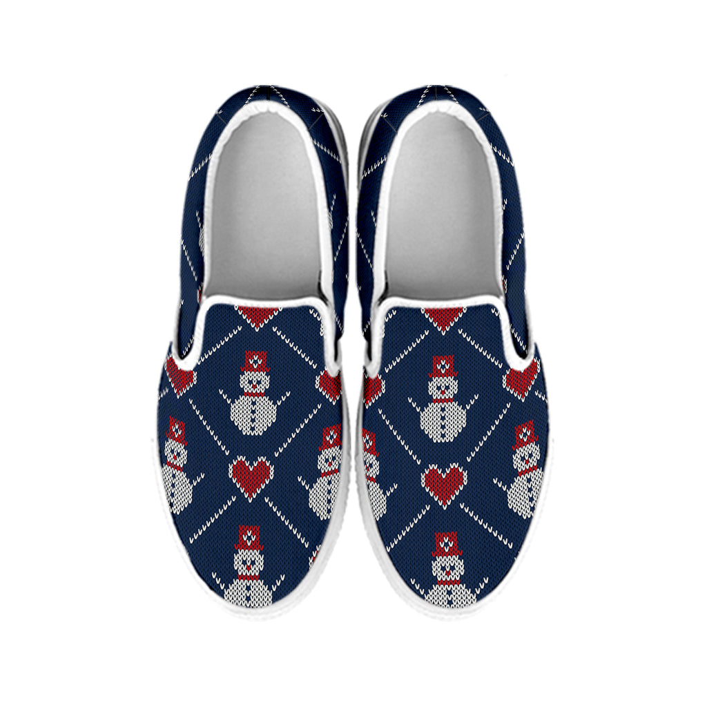Cute Snowman Knitted Pattern Print White Slip On Shoes