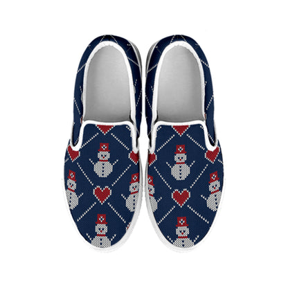 Cute Snowman Knitted Pattern Print White Slip On Shoes