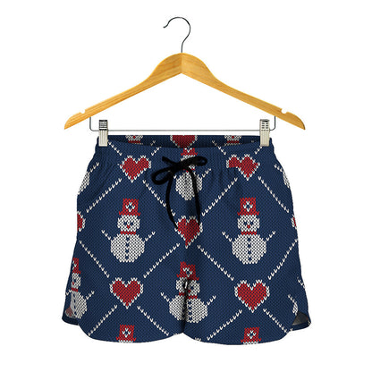 Cute Snowman Knitted Pattern Print Women's Shorts