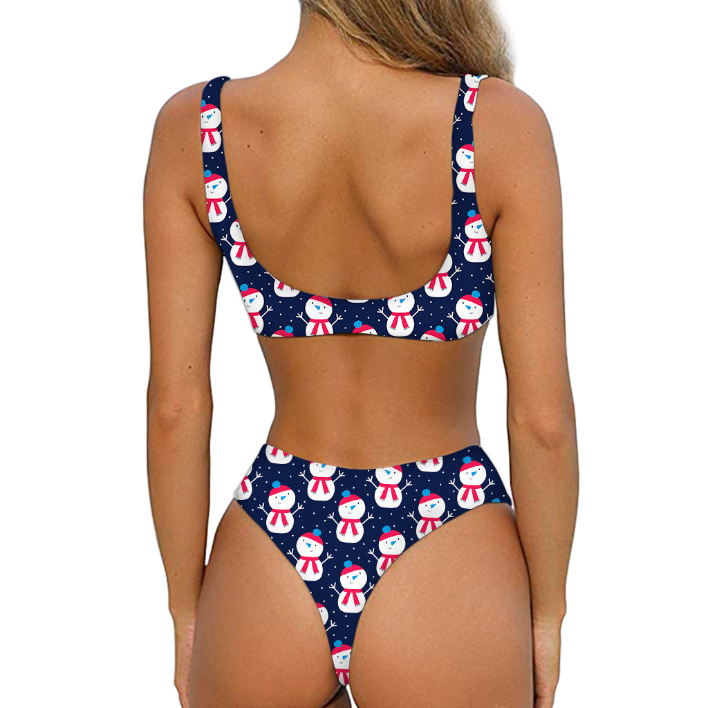 Cute Snowman Pattern Print Front Bow Tie Bikini