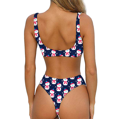 Cute Snowman Pattern Print Front Bow Tie Bikini
