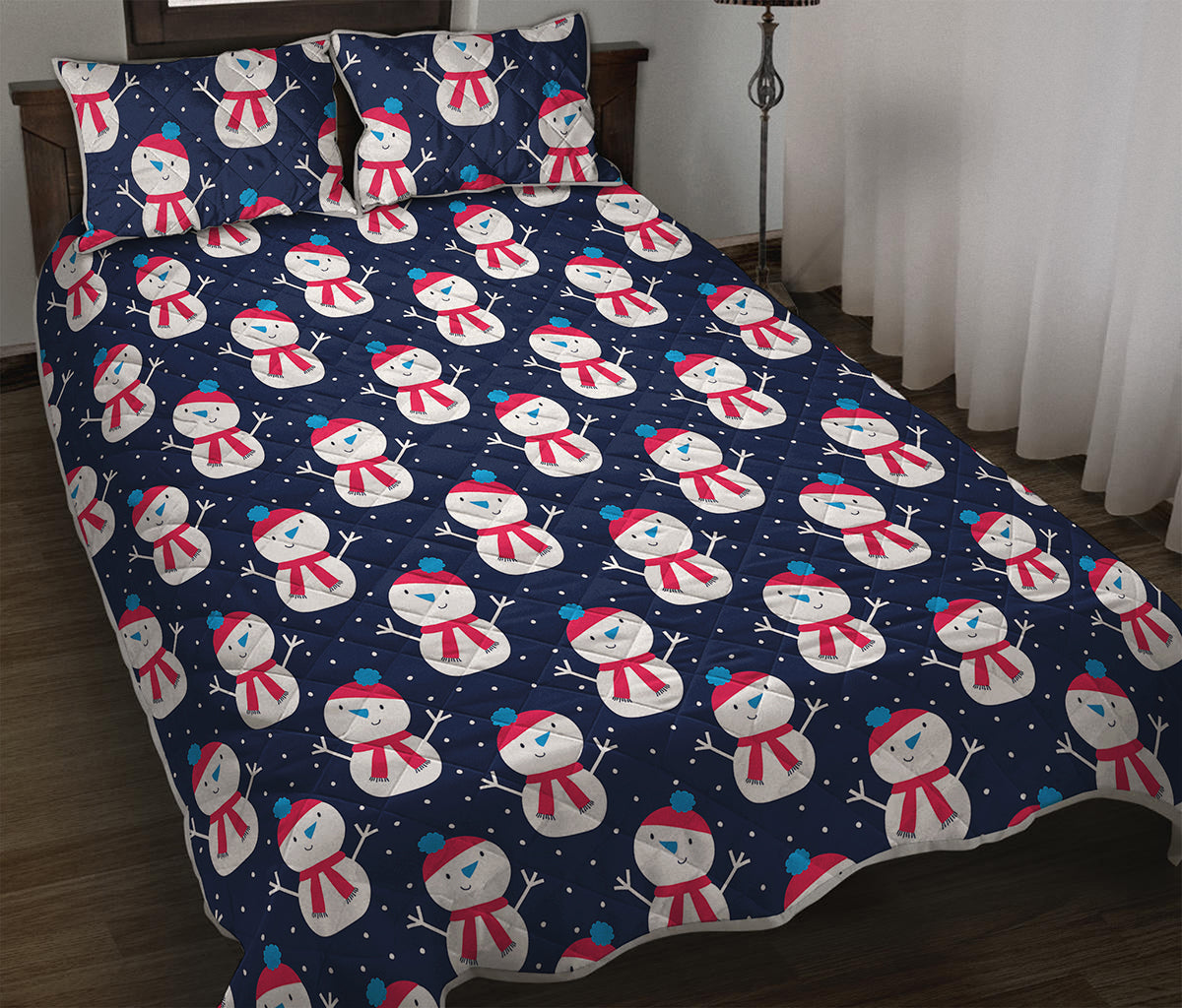 Cute Snowman Pattern Print Quilt Bed Set