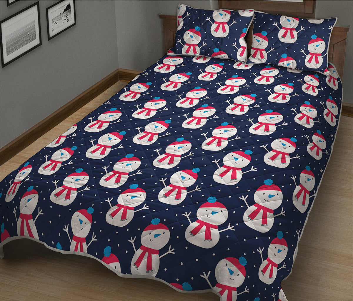 Cute Snowman Pattern Print Quilt Bed Set