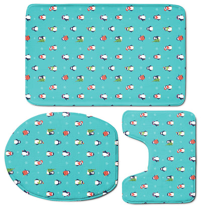 Cute Snowy Penguin Pattern Print 3 Piece Bath Mat Set