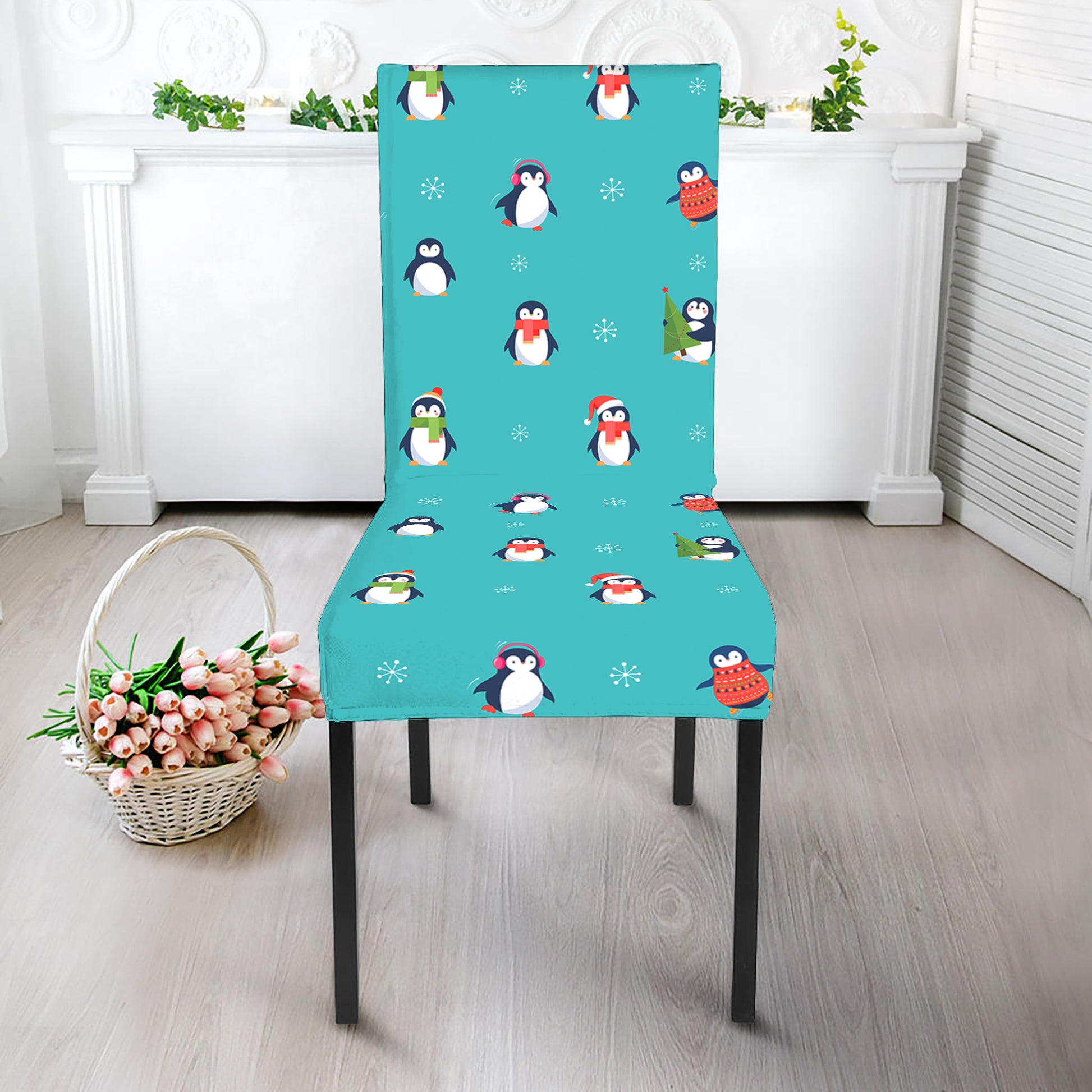 Cute Snowy Penguin Pattern Print Dining Chair Slipcover