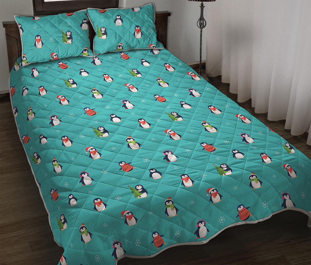 Cute Snowy Penguin Pattern Print Quilt Bed Set