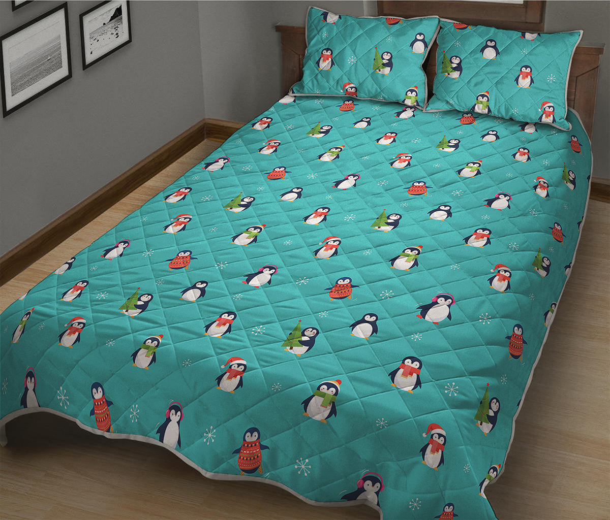 Cute Snowy Penguin Pattern Print Quilt Bed Set