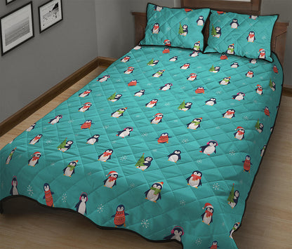 Cute Snowy Penguin Pattern Print Quilt Bed Set