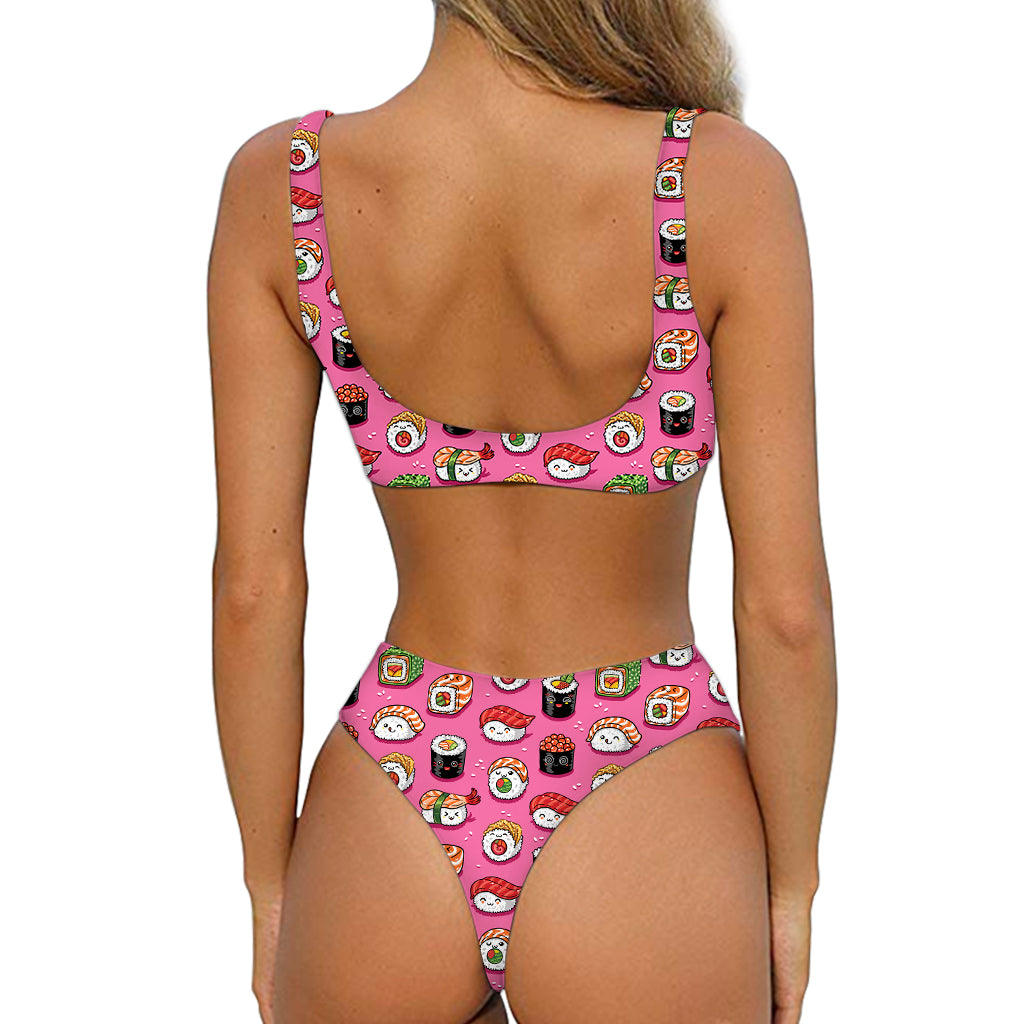 Cute Sushi And Rolls Pattern Print Front Bow Tie Bikini