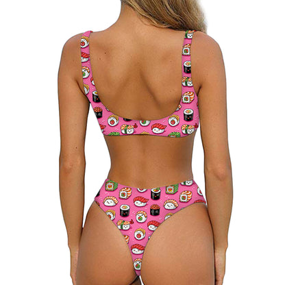 Cute Sushi And Rolls Pattern Print Front Bow Tie Bikini