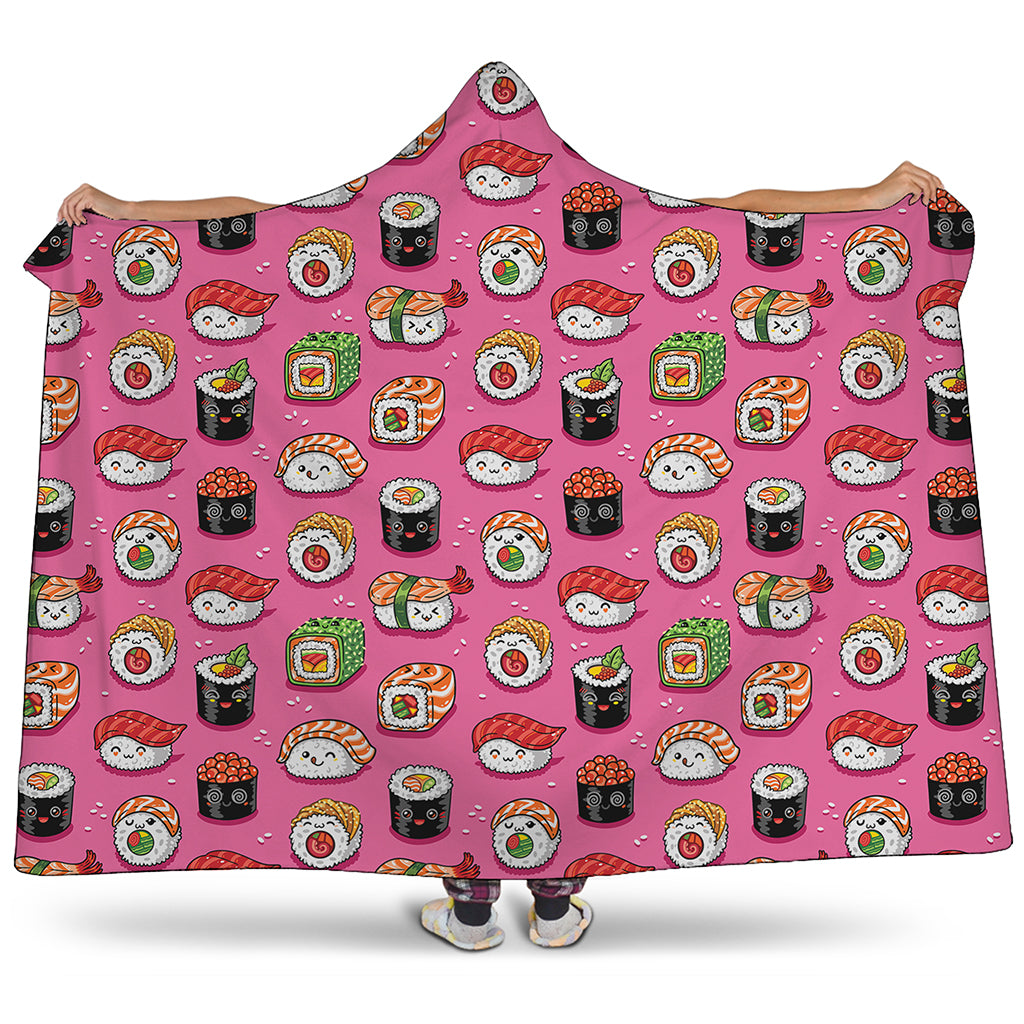 Cute Sushi And Rolls Pattern Print Hooded Blanket