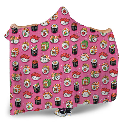 Cute Sushi And Rolls Pattern Print Hooded Blanket