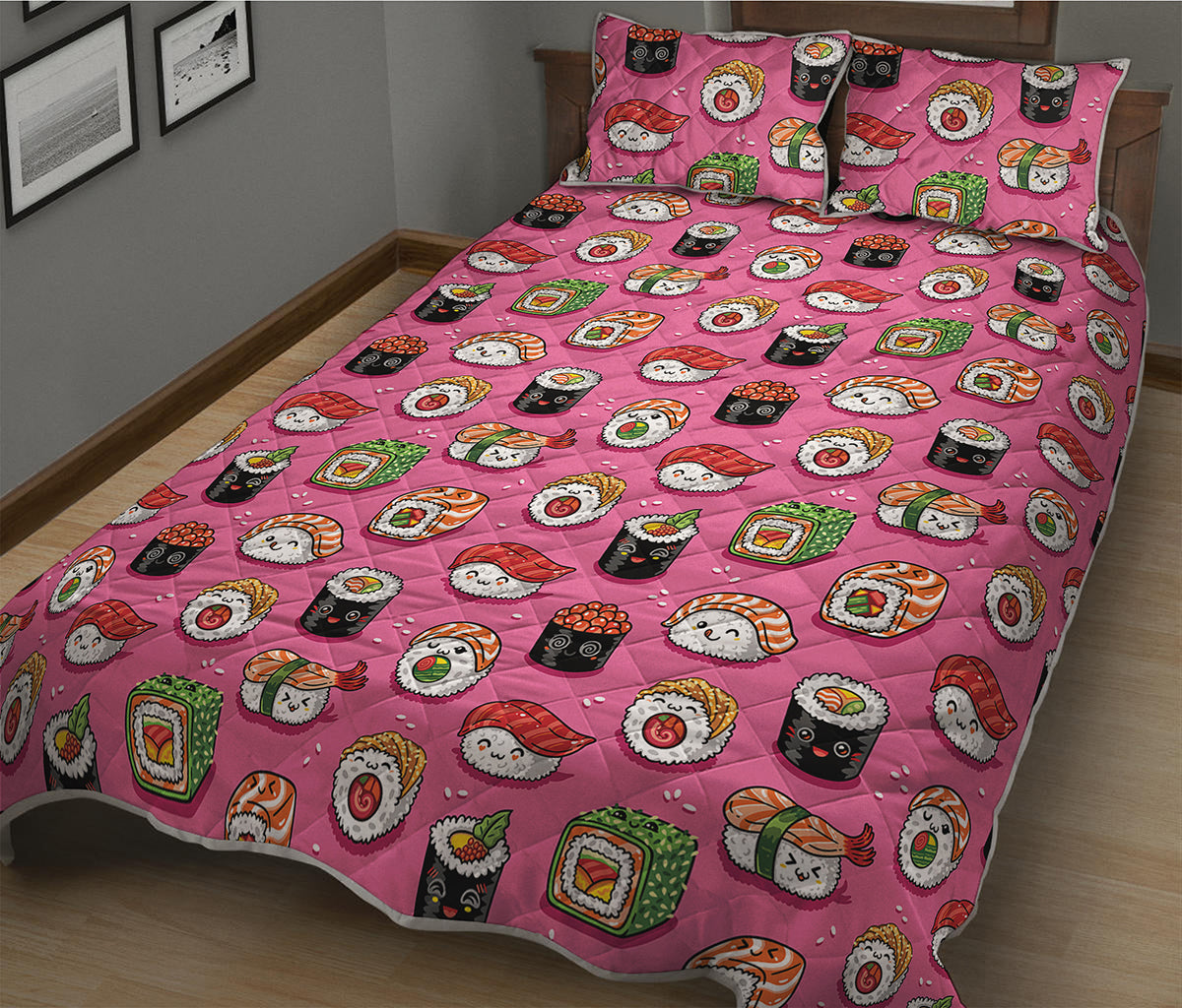 Cute Sushi And Rolls Pattern Print Quilt Bed Set