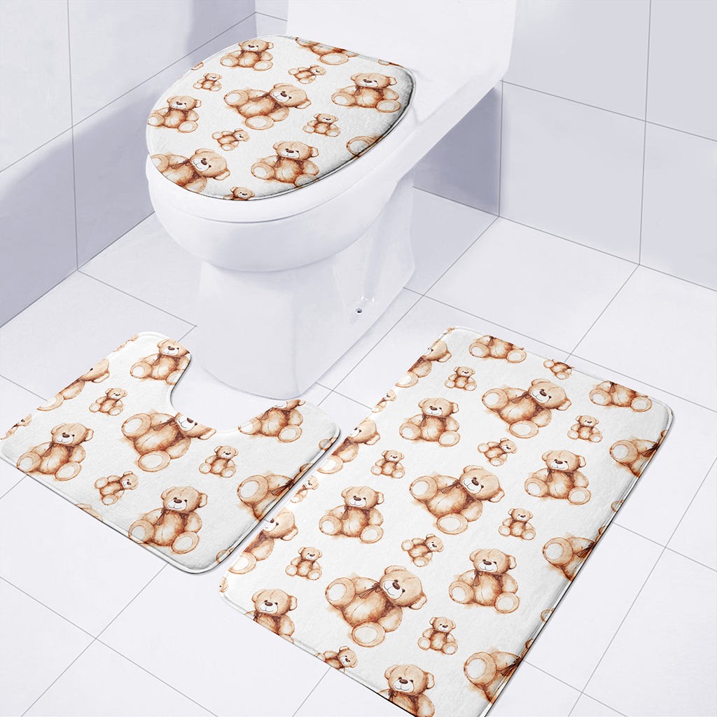 Cute Teddy Bear Pattern Print 3 Piece Bath Mat Set