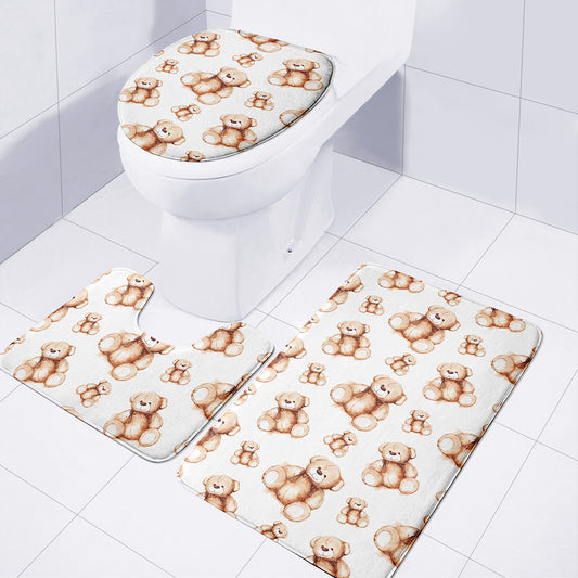 Cute Teddy Bear Pattern Print 3 Piece Bath Mat Set