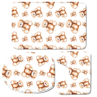 Cute Teddy Bear Pattern Print 3 Piece Bath Mat Set