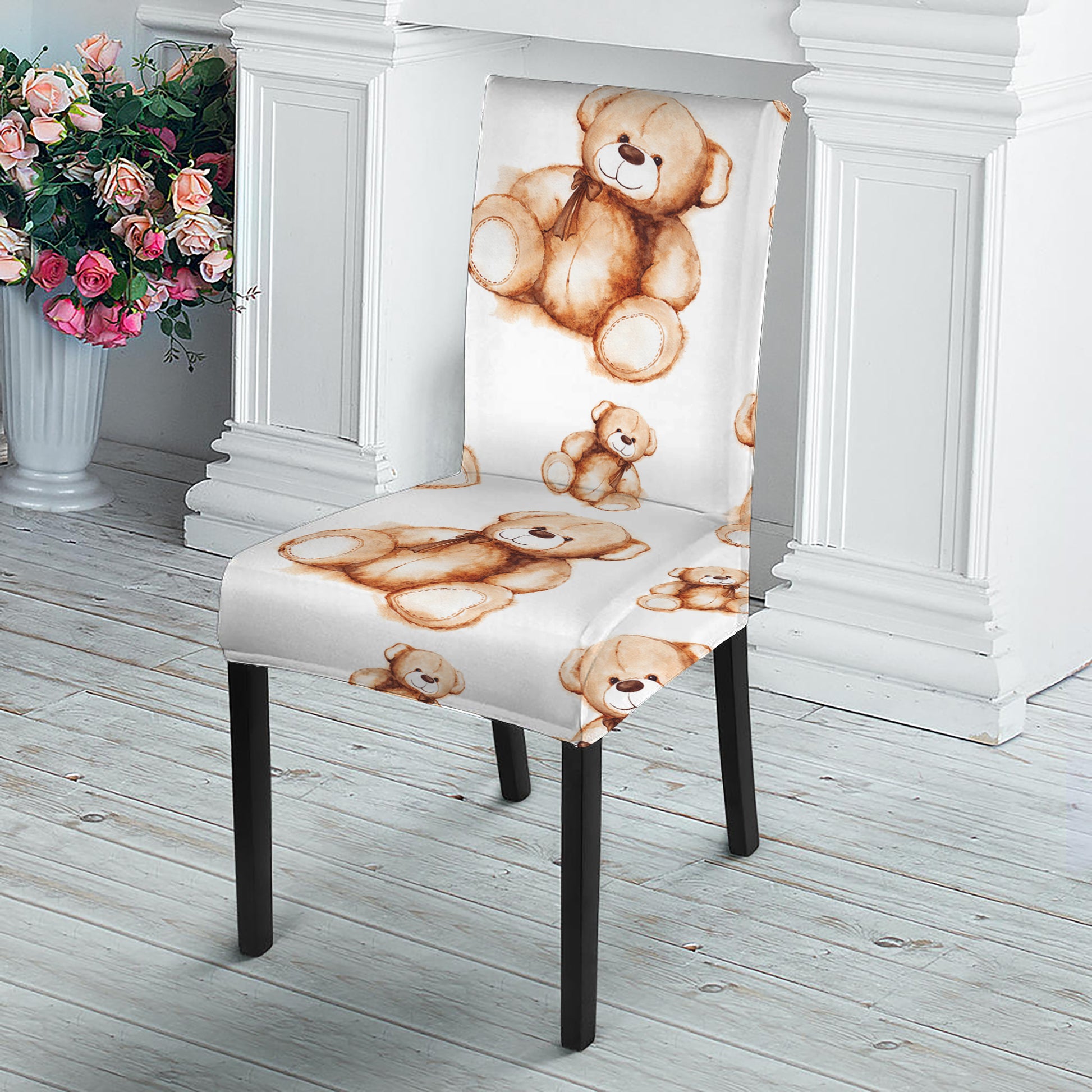 Cute Teddy Bear Pattern Print Dining Chair Slipcover