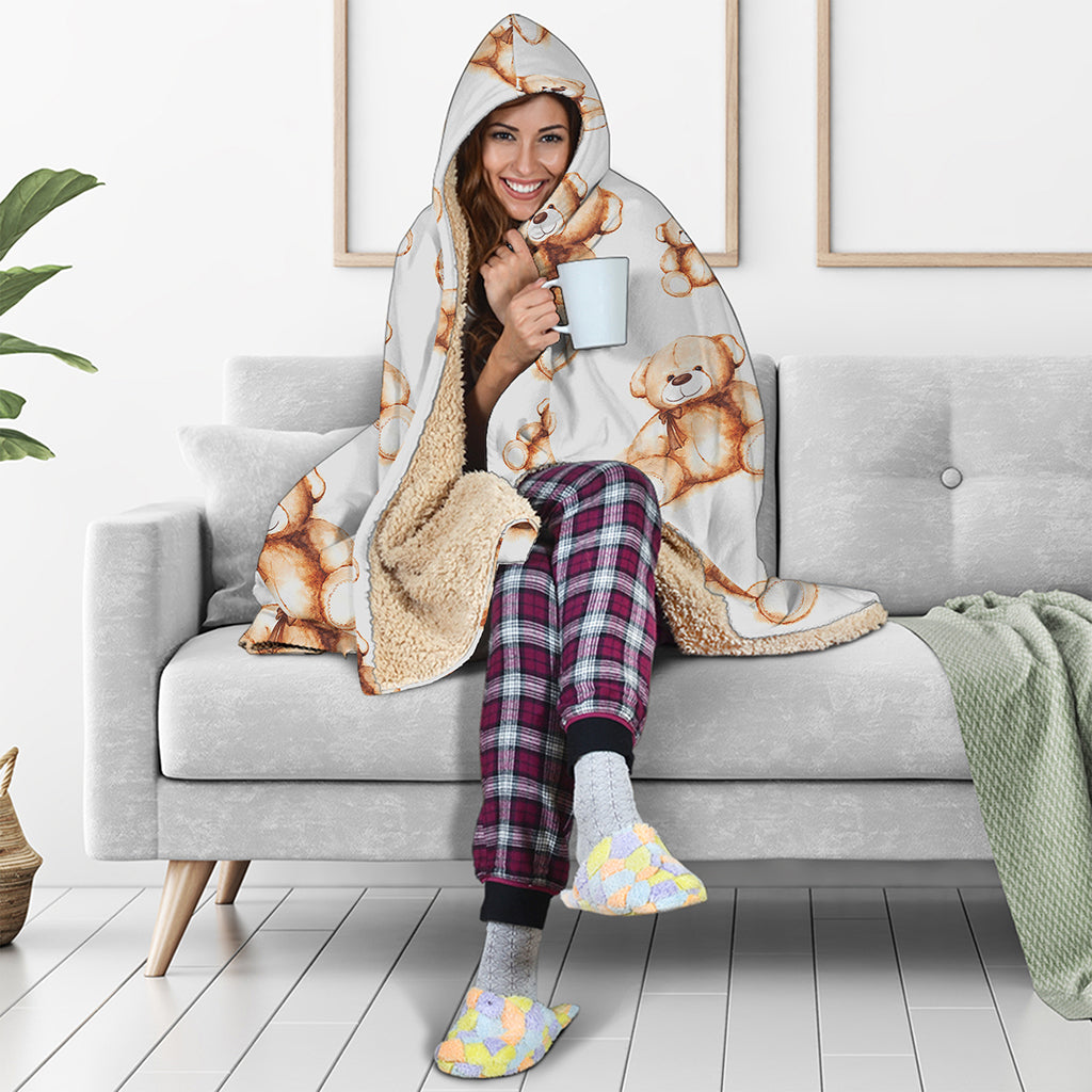 Cute Teddy Bear Pattern Print Hooded Blanket