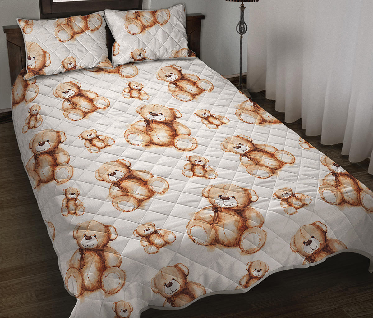 Cute Teddy Bear Pattern Print Quilt Bed Set