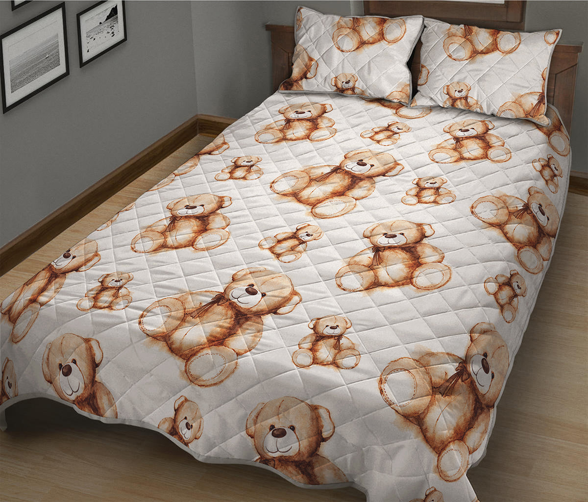 Cute Teddy Bear Pattern Print Quilt Bed Set