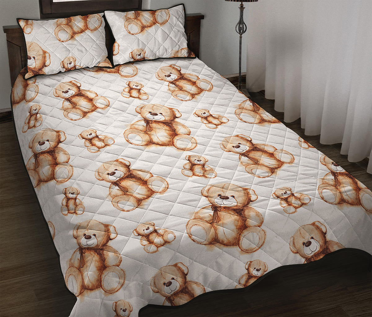 Cute Teddy Bear Pattern Print Quilt Bed Set