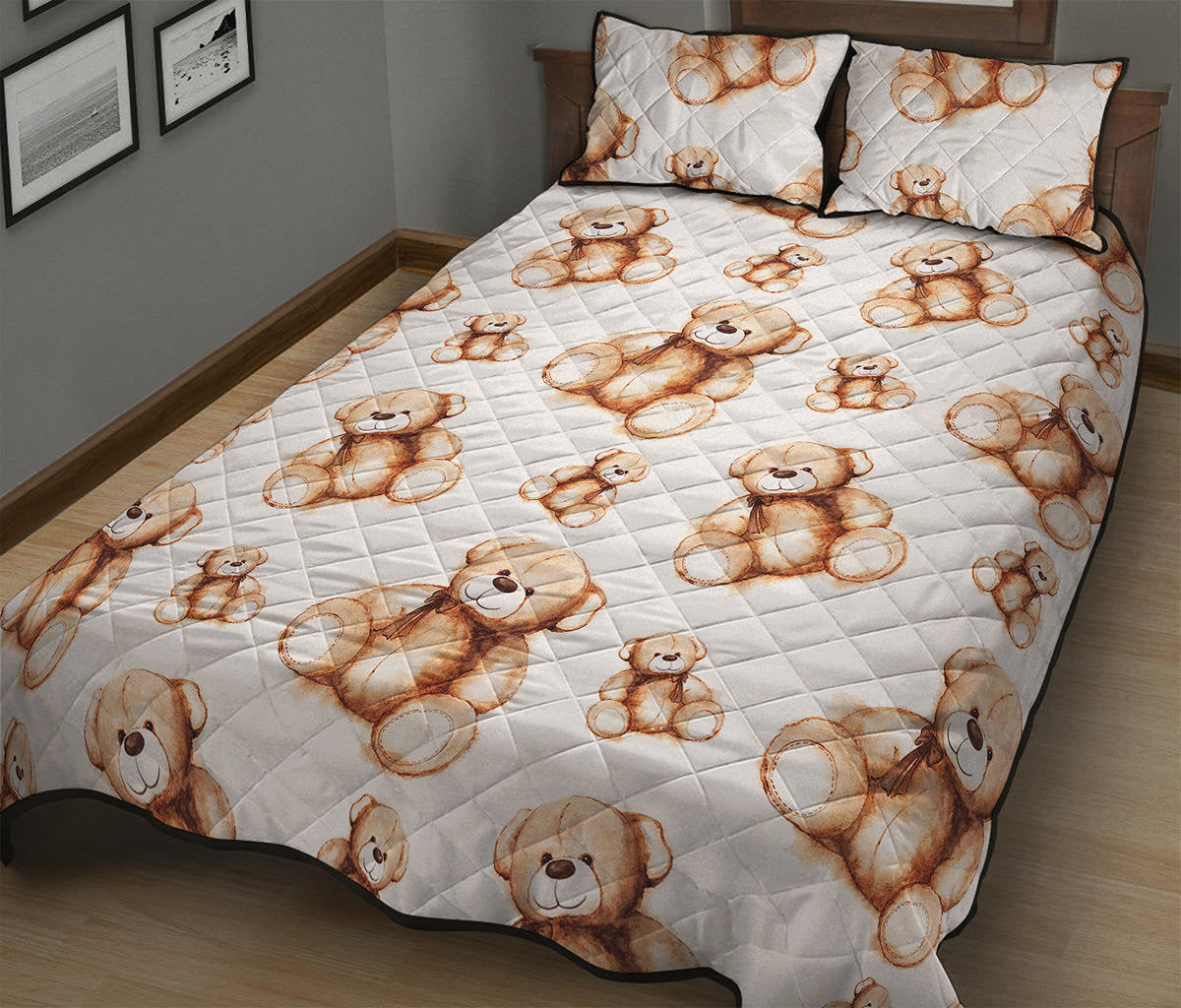 Cute Teddy Bear Pattern Print Quilt Bed Set