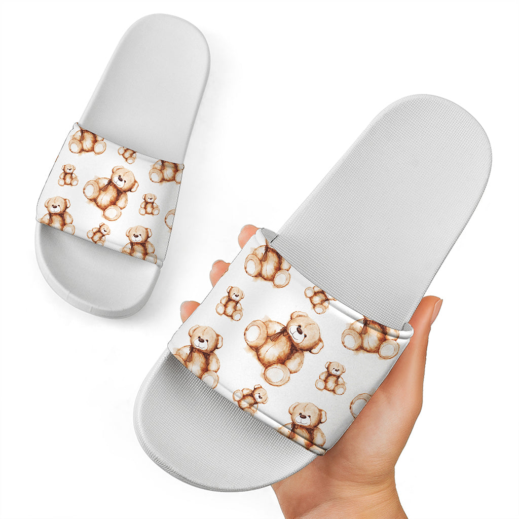 Cute Teddy Bear Pattern Print White Slide Sandals