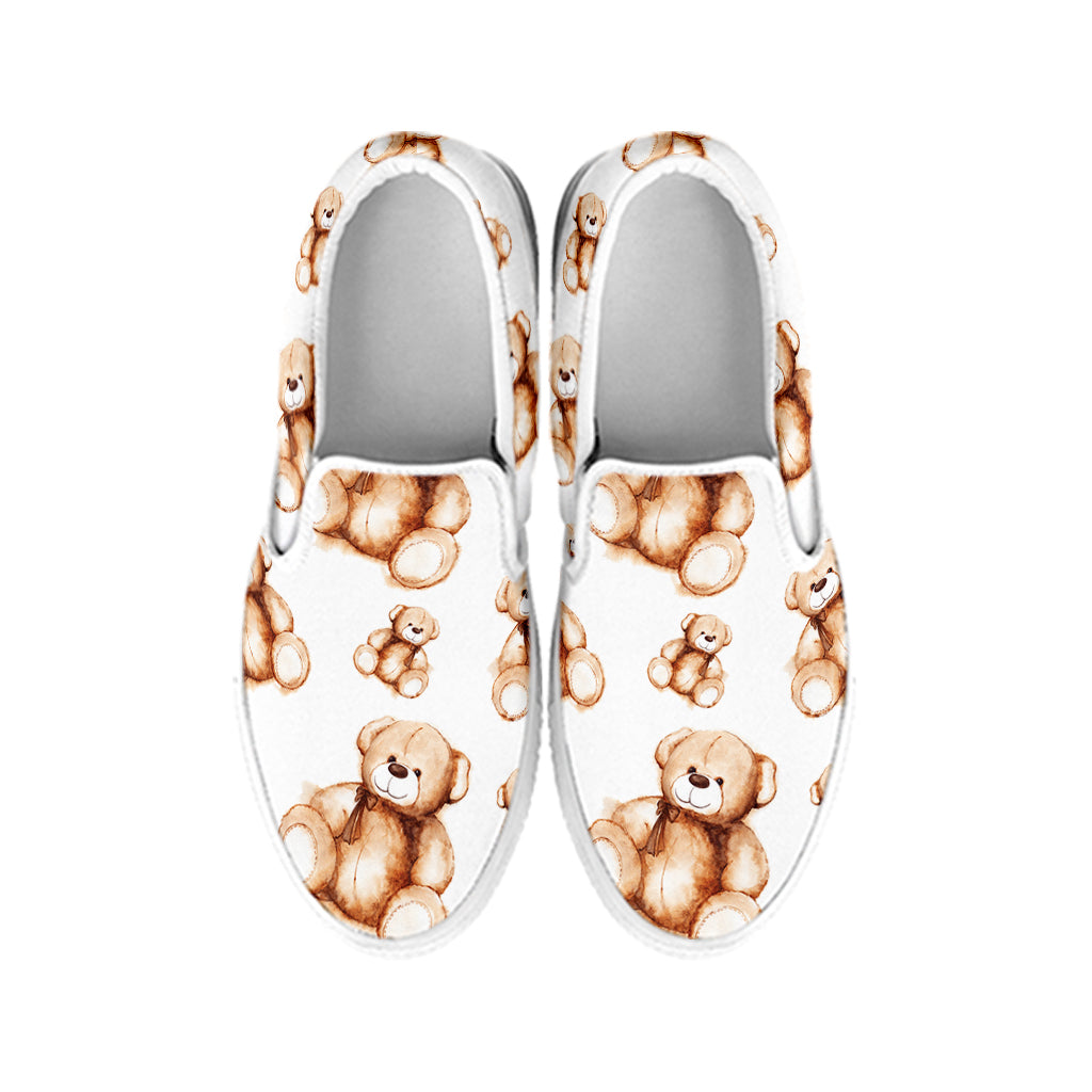 Cute Teddy Bear Pattern Print White Slip On Shoes