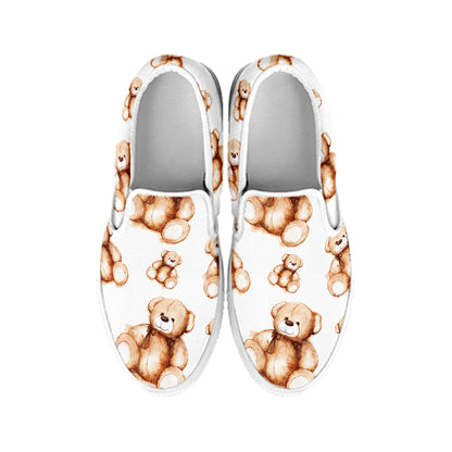Cute Teddy Bear Pattern Print White Slip On Shoes