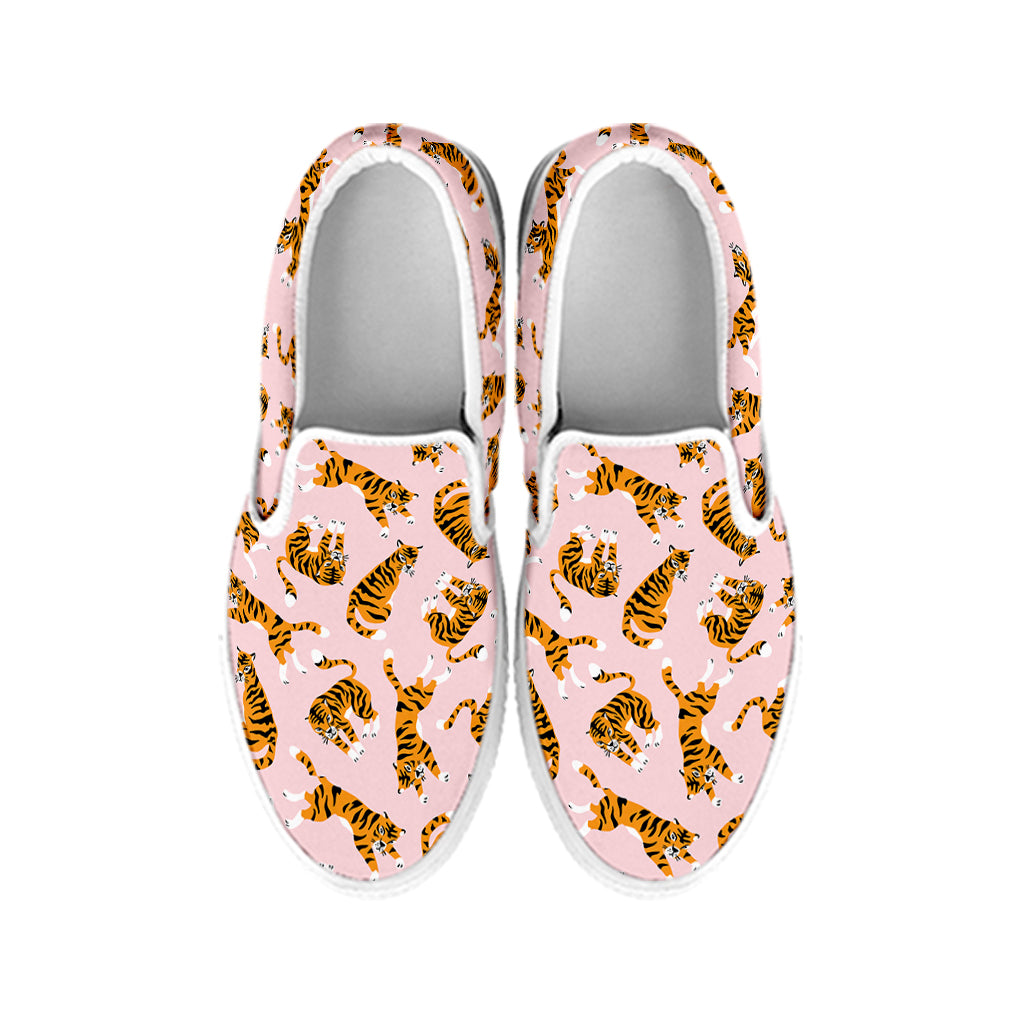 Cute Tiger Pattern Print White Slip On Shoes