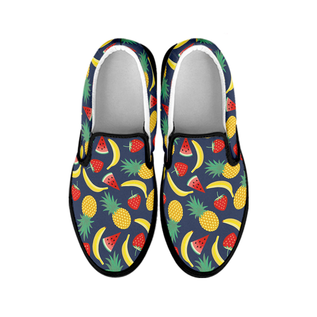 Cute Tropical Fruits Pattern Print Black Slip On Shoes