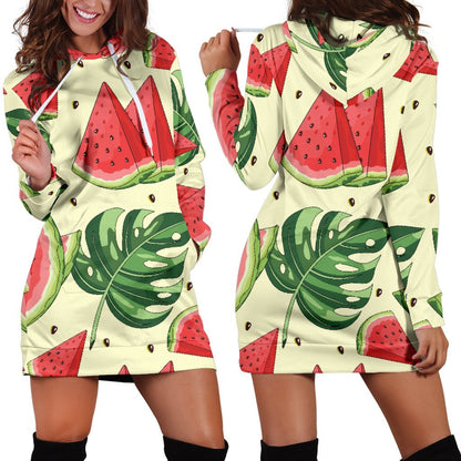 Cute Tropical Watermelon Pattern Print Hoodie Dress GearFrost
