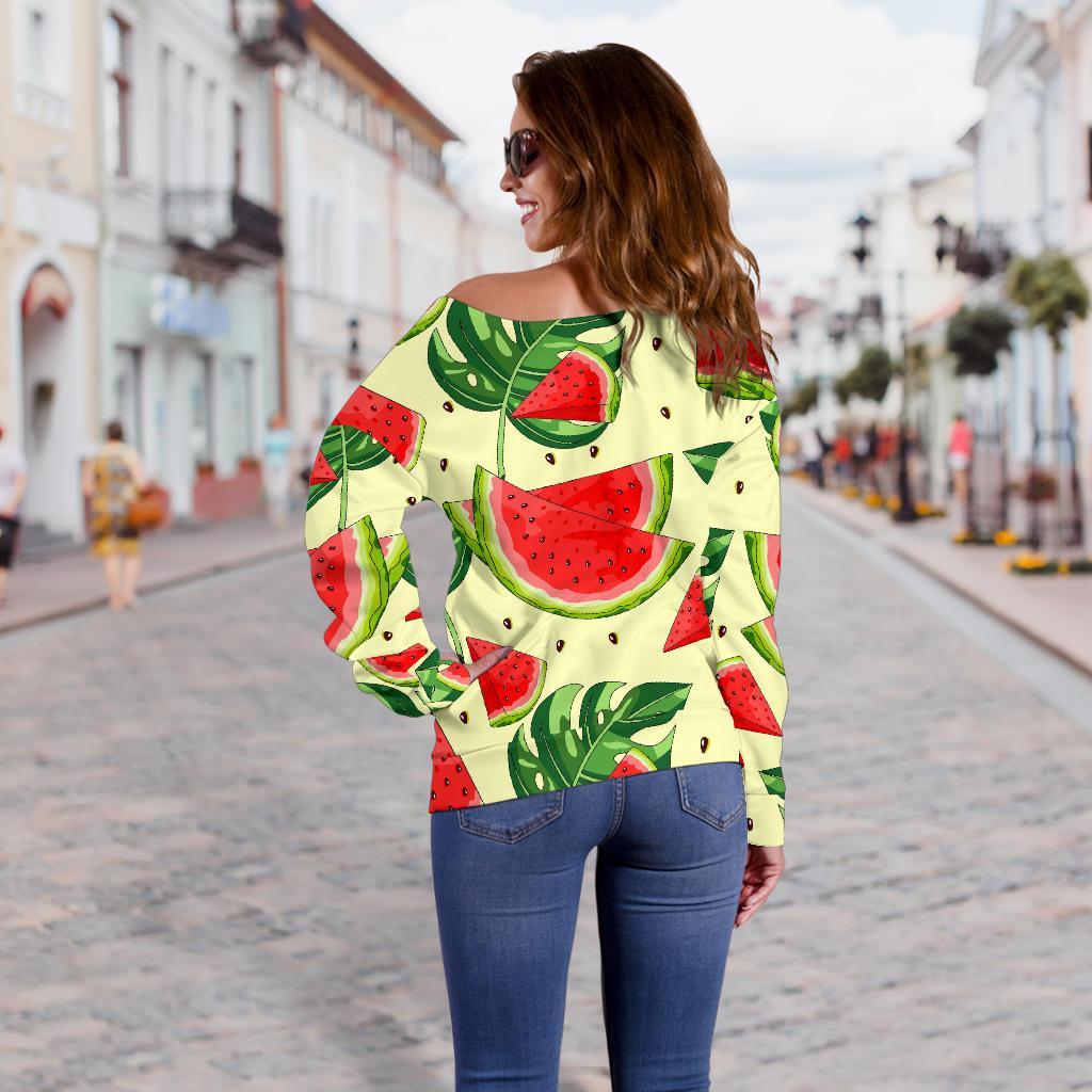 Cute Tropical Watermelon Pattern Print Off Shoulder Sweatshirt GearFrost