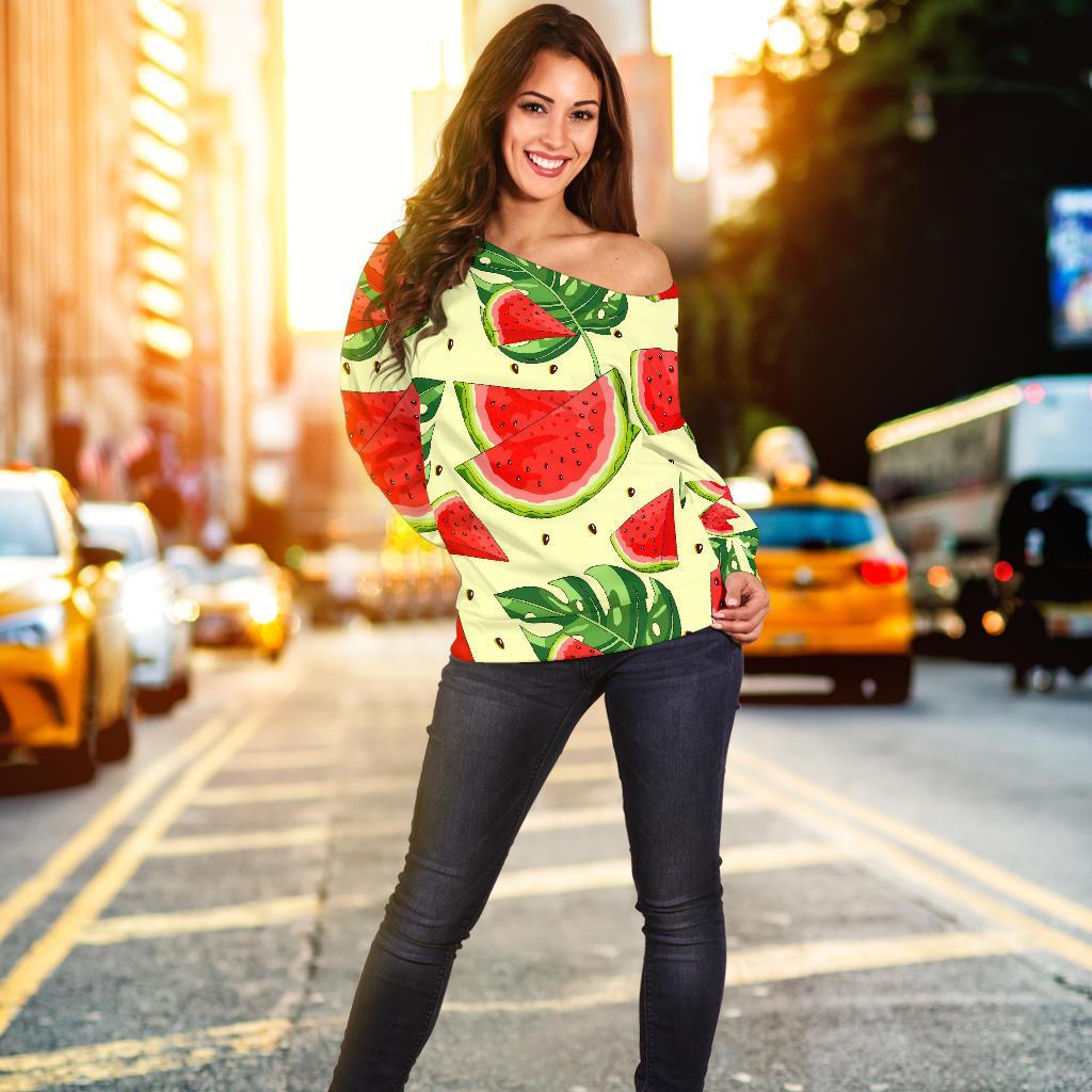 Cute Tropical Watermelon Pattern Print Off Shoulder Sweatshirt GearFrost