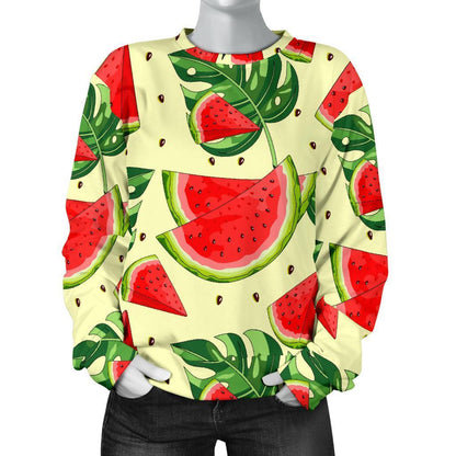 Cute Tropical Watermelon Pattern Print Women's Crewneck Sweatshirt GearFrost