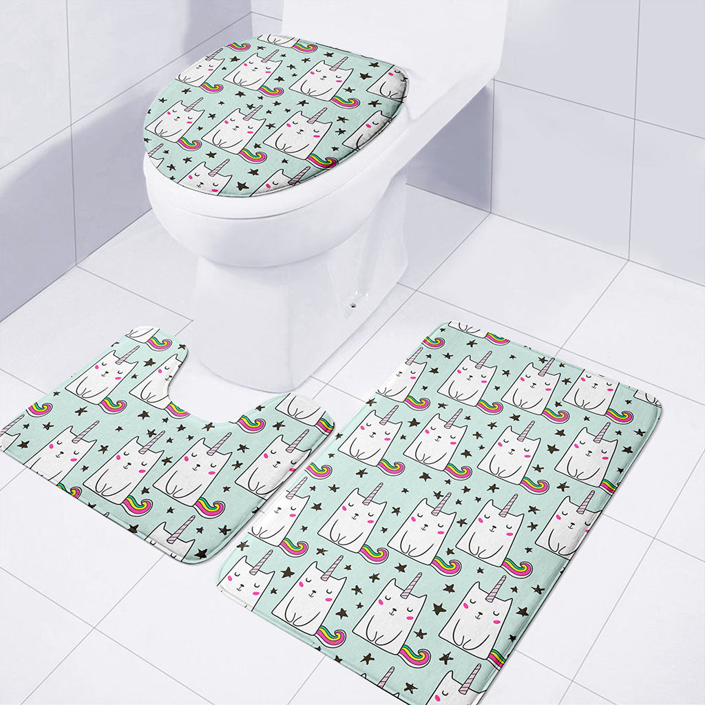 Cute Unicorn Cat Pattern Print 3 Piece Bath Mat Set