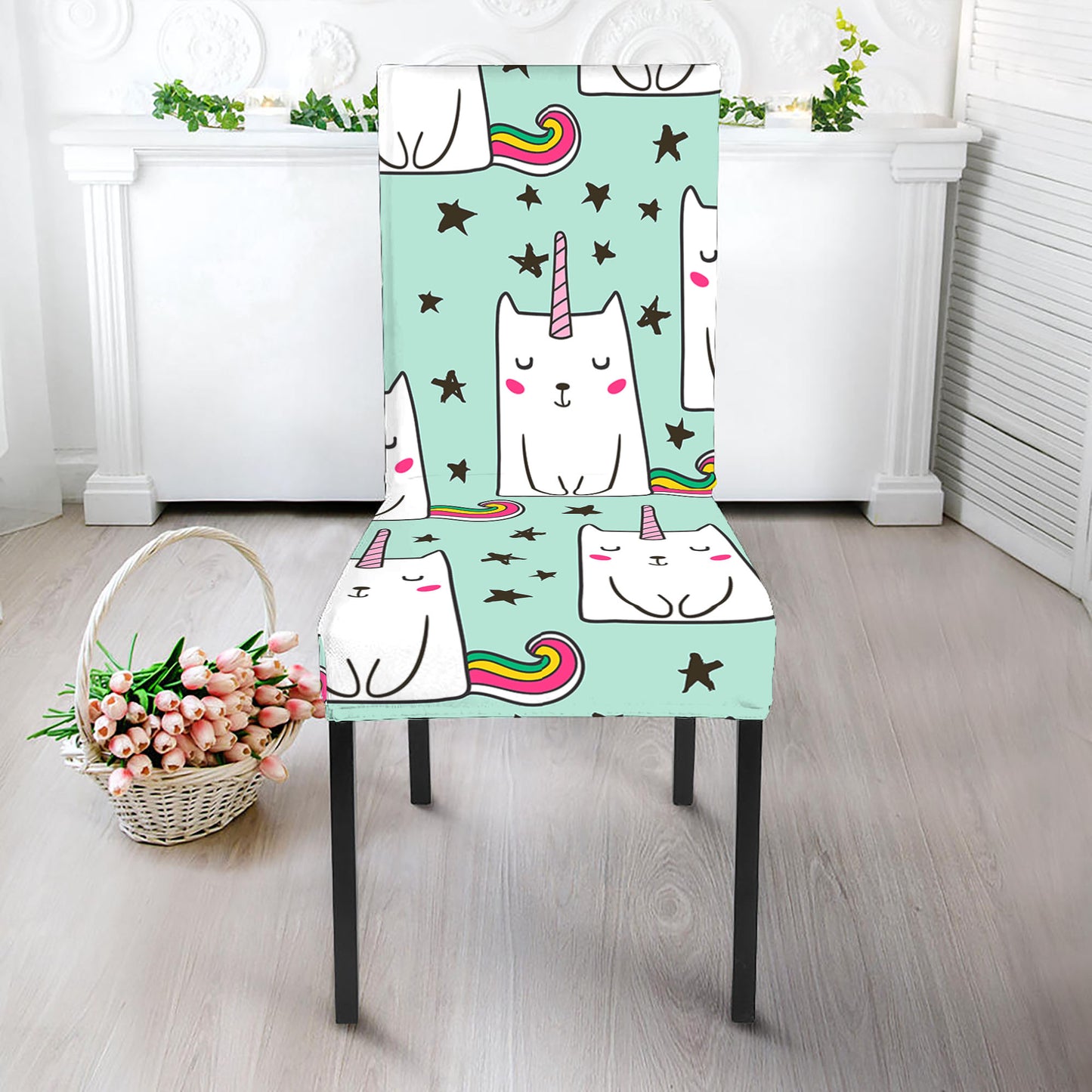 Cute Unicorn Cat Pattern Print Dining Chair Slipcover