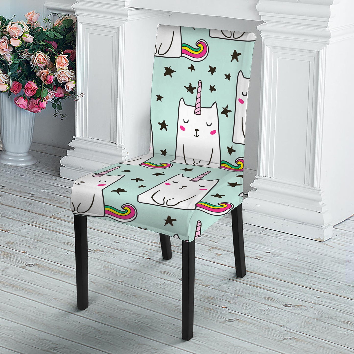 Cute Unicorn Cat Pattern Print Dining Chair Slipcover