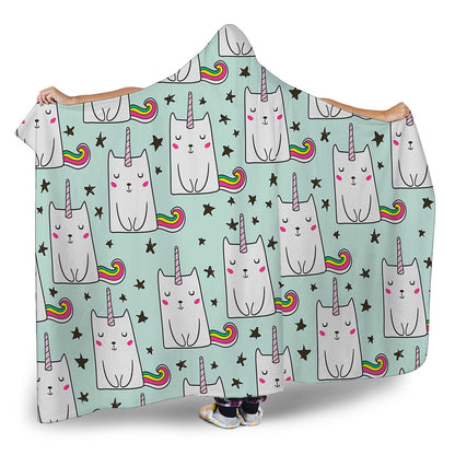 Cute Unicorn Cat Pattern Print Hooded Blanket