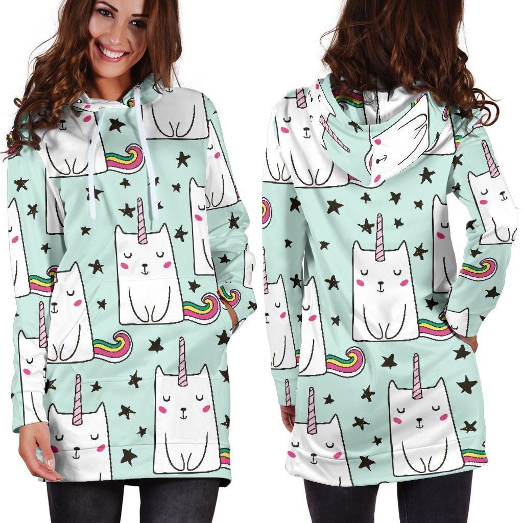 Cute Unicorn Cat Pattern Print Hoodie Dress GearFrost