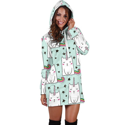 Cute Unicorn Cat Pattern Print Hoodie Dress GearFrost