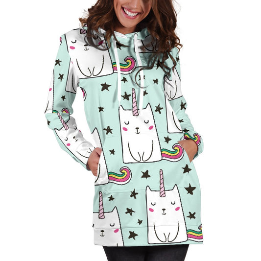 Cute Unicorn Cat Pattern Print Hoodie Dress GearFrost
