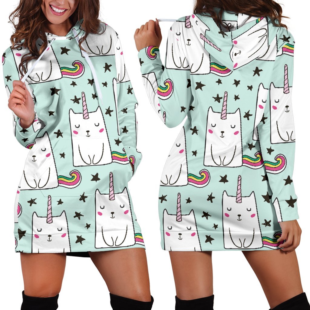 Cute Unicorn Cat Pattern Print Hoodie Dress GearFrost