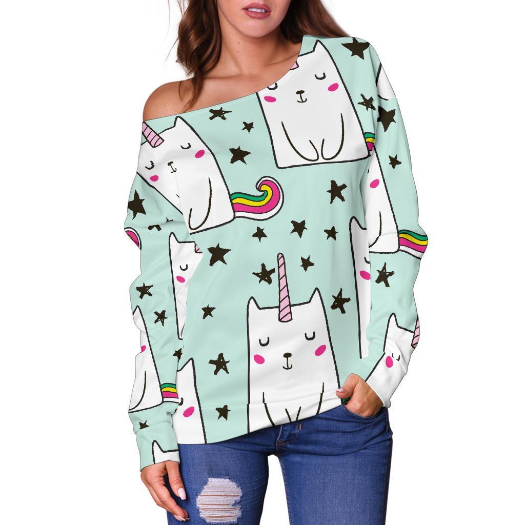 Cute Unicorn Cat Pattern Print Off Shoulder Sweatshirt GearFrost