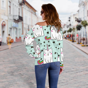 Cute Unicorn Cat Pattern Print Off Shoulder Sweatshirt GearFrost